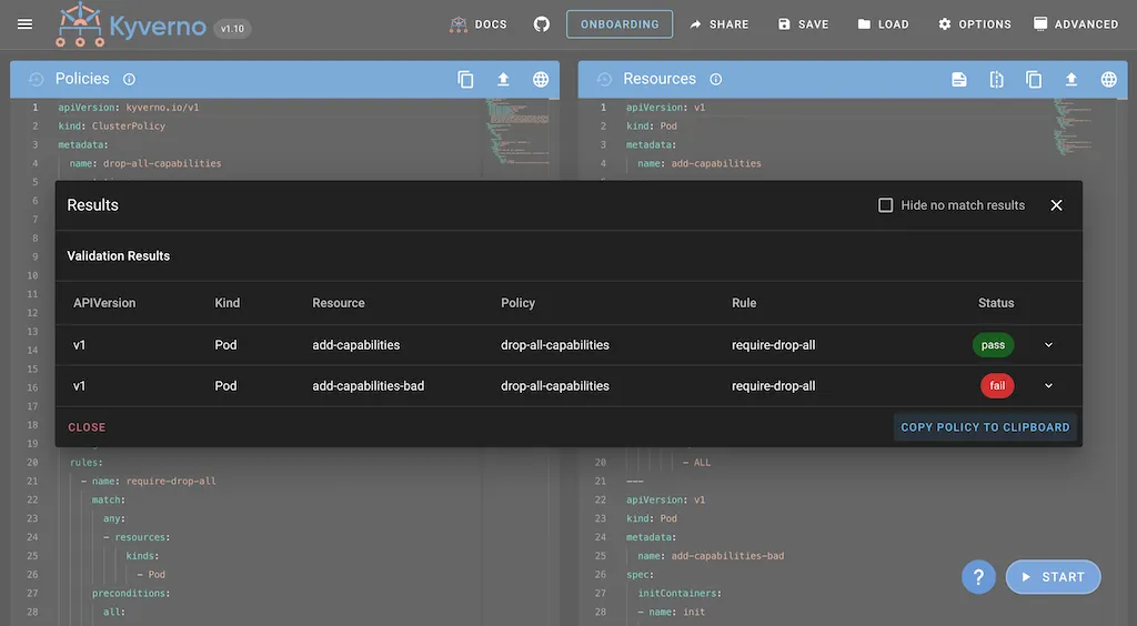 Kyverno Playground: Result Dialog